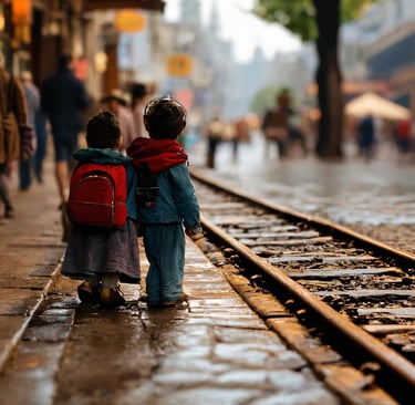 railway 2 kids waiting train.