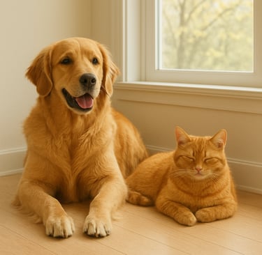 Dog and cat resting indoors near a window with blooming plants outside