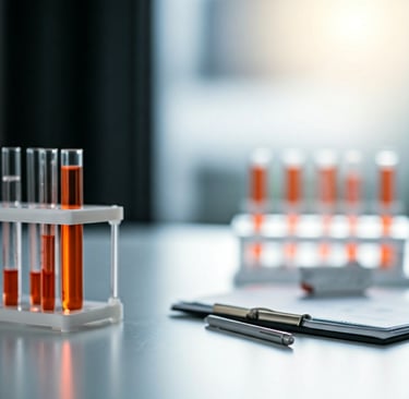 Tubos de ensaio uma caneta e uma agenda para anotar exames laboratoriais