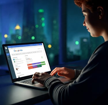 a person working on a laptop with Google Ads dashboard open, looking focused and satisfied