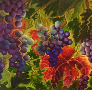 a painting of grapes in a vineyard by Sandra Forzani