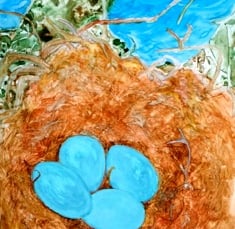 A painting of 4 robin eggs in a bird's nest on a tree branch