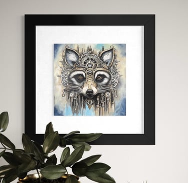 A Steampunk Raccoon print in a black frame