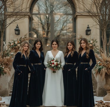 Demoiselles d’honneur à un mariage d’hiver à Bordeaux en décembre 2024, portant des robes longues