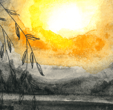 a painting of a sunset over a lake