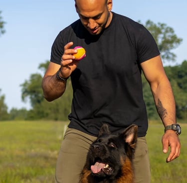 DiabK9 trainiert mit seinem Schäferhund im Park