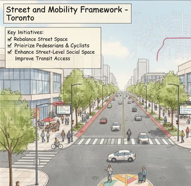 Urban public realm architecture study exploring mobility corridors and civic spaces in Toronto