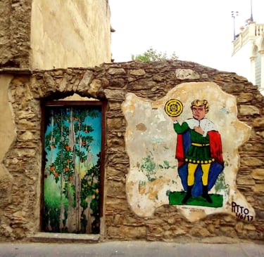 Satirical mural depicting medieval figure holding a gold coin, artistic work by Poliops.