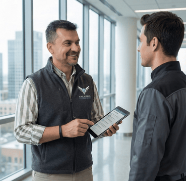 Supervisor de calidad realizando control periódico de servicios de mantenimiento y limpieza - Valkiria elite global service