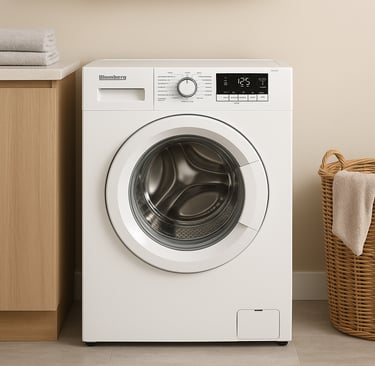 Blomberg front-load washer in a modern laundry room with wooden cabinets and wicker basket.