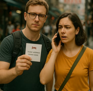 Two travelers stand on a busy city street. The man, wearing glasses and a dark green shirt with a backpack, holds up a hotel 