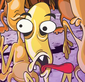 “Group of expressive orange critters with surprised faces in a playful cartoon style - fun character illustration for kids.”