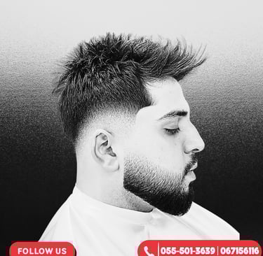 Trendy fade haircut with beard styling done at StylishCut Salon Sharjah – precision and clean finish