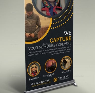Stylish photography service banner with vibrant design and contact info.