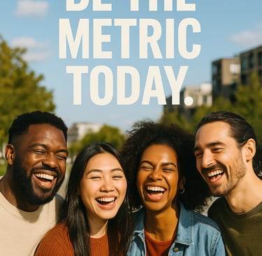 a group of people standing around a sign that says let joy be the metro metro