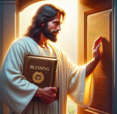 Jesus knocking on the door with blessing