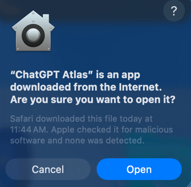 ChatGPT Atlas app icon displayed in macOS Applications folder after installation