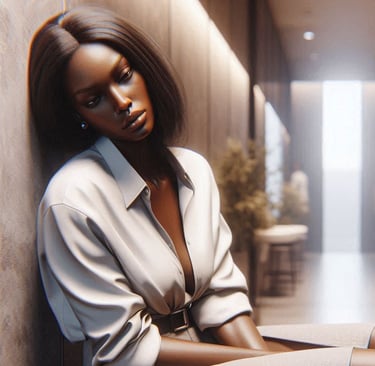 Tired Black woman resting head, taking a moment alone