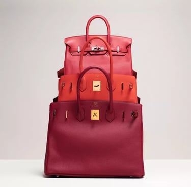 Stacked red and orange luxury Hermes birkin handbags showcasing premium leather craftsmanship.
