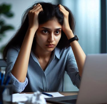a woman sitting at a desk with a laptop computer