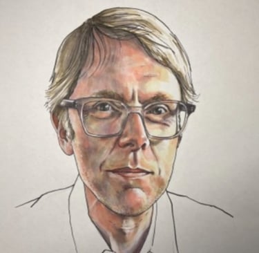 a sketched portrait of a man with glasses in a white button up shirt