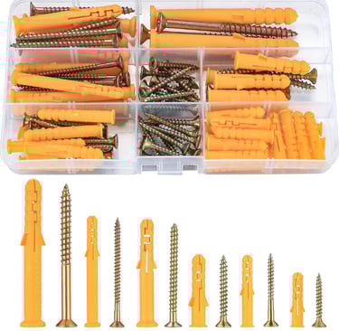 Pudełko wypełnione posegregowanymi kołkami rozporowymi. Poniżej po jednym z każdego rozmiaru