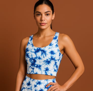 a woman in a blue and white tie dye dye dye dye dye dye dye dye