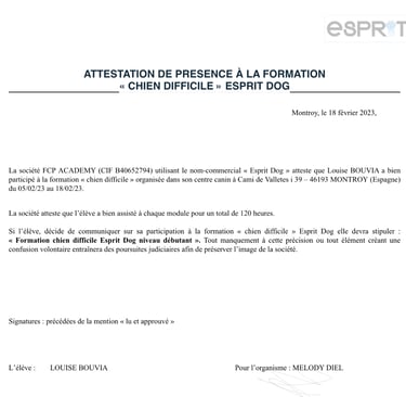 Attestation de présence formation chien difficile Esprit Dog Pro