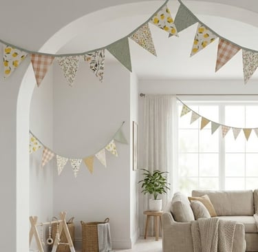 woonkamer met duurzame vlaggetjes, stoffen vlaggen