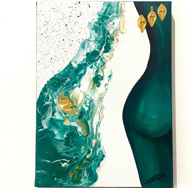 une peinture du corps d’une femme sur fond vert et blanc