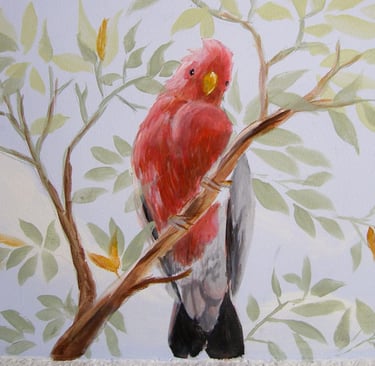 A ceiling mural showing a galah sitting on a leafy branch looking down