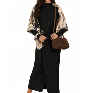 a woman in a black dress with crossbody handbag and sandals