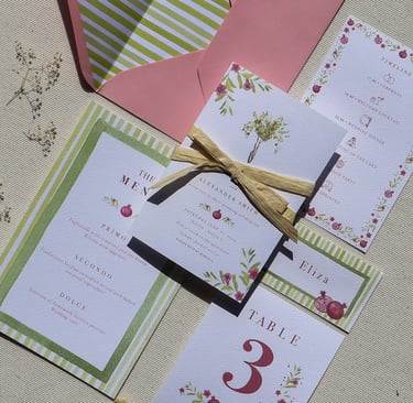 full wedding suite pink and green colors wedding invitation dinner menu flowers