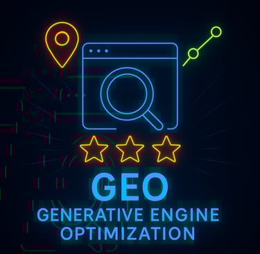 a neon - lit sign with a magnifying image of a search engine Generative Engine Optimization