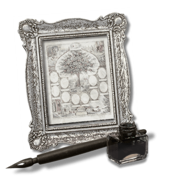 Antique picture frame with vintage family tree, calligraphy pen and black ink