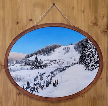 Cadre, ficelle, clou et paysage enneigé du Jura sont peints en trompe-l'oeil sur porte en bois
