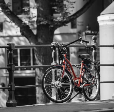 a red bicycle parked on a fence