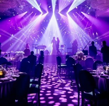 a large room with a stage and a stage with a stage set up for a