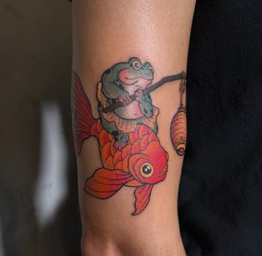 Frog riding a fish in japanese neo traditional tattoo