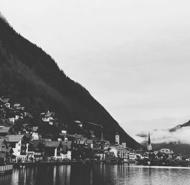 black and white photo of Hallstatt, Austria taken by LV @lvf.lvx