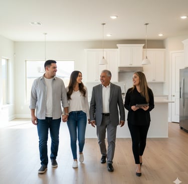 a group of people walking through a home