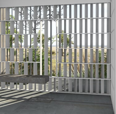 Concrete floating bench and a slatted wall casting shadows and revealing an outdoor view.