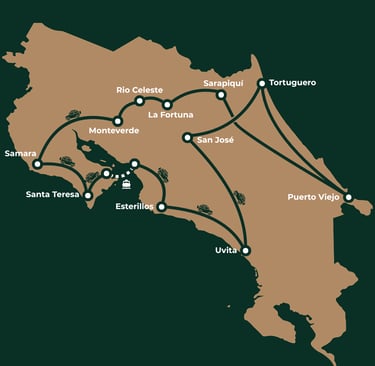 Illustratieve kaart van een reisroute door Costa Rica