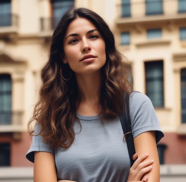 a woman in a blue shirt and jeans standing in front of a building