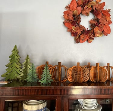 laser engraved and painted slatted tree and pumpkin decorations