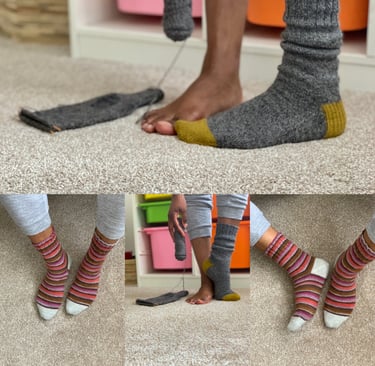 a woman in striped hand knitted wool socks