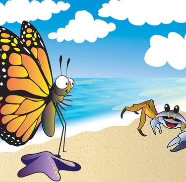 “Colorful beach scene with a butterfly on a sea star and one animated crab - playful children’s illustration.”