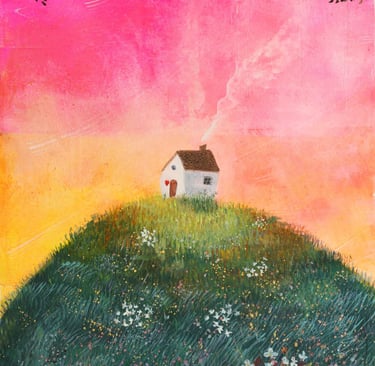house on hill - whimsical wall art uk