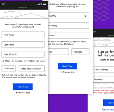 Guts mobile registration—multi-step conversational form screens on purple background