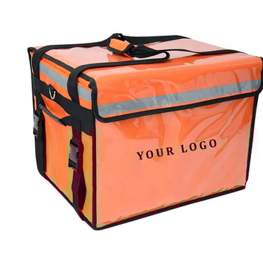 orange color courier bag with shoulder strap and written your logo